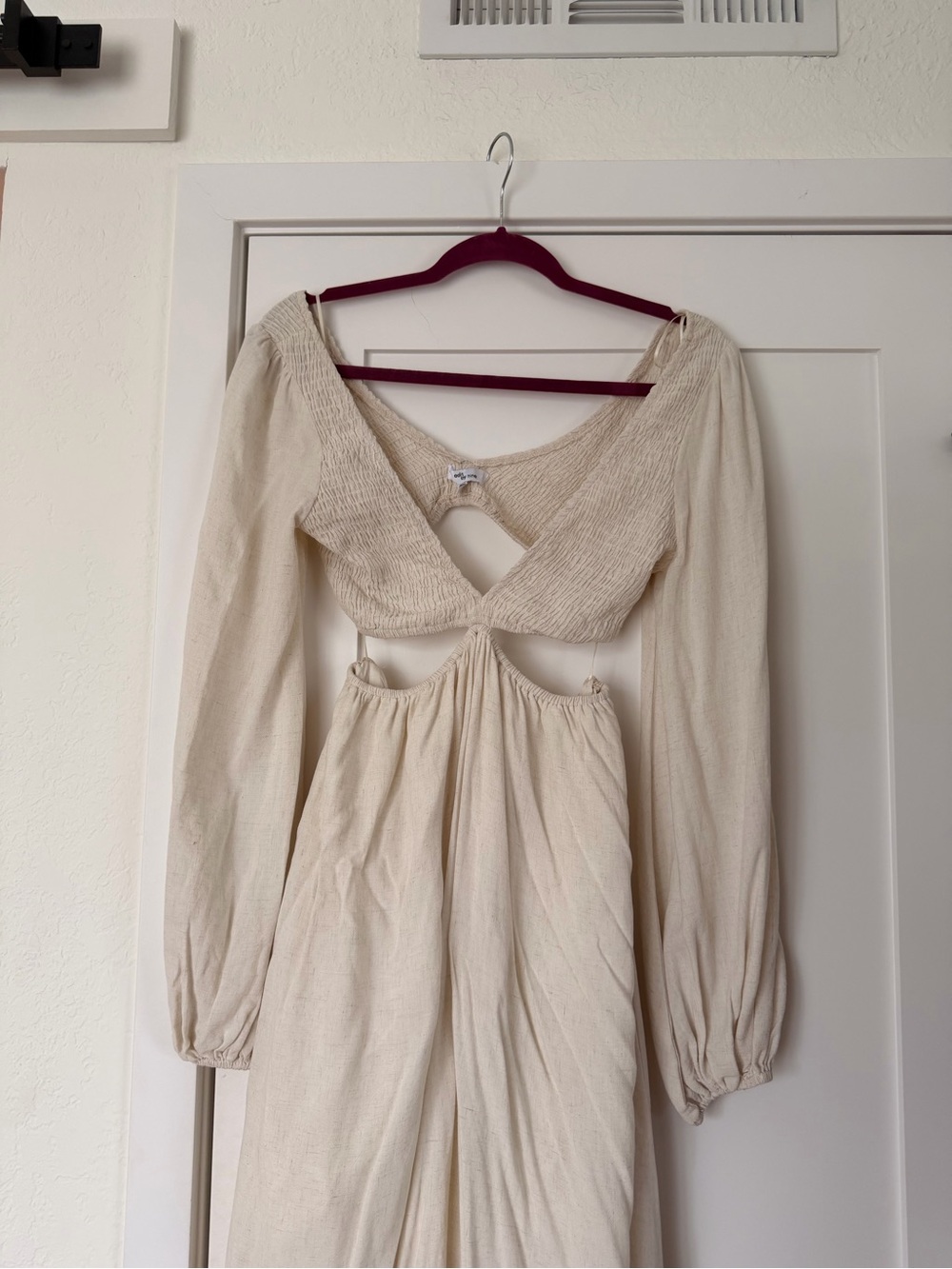 Cream Long-Sleeve Cutout Maxi Dress with Gathered Bodice